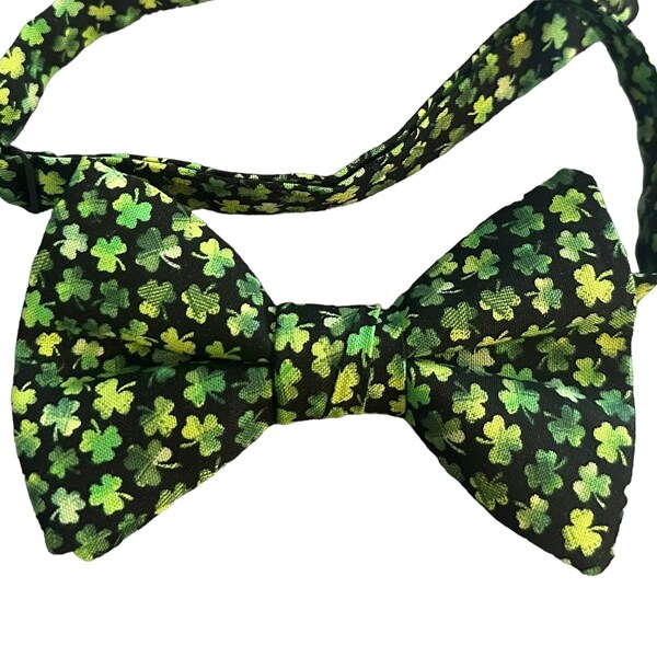 Pre-Tied Bow Tie - Black with Shades of Green Shamrocks, Clovers for St. Patrick's Day - Adult Men's and Boys Sizing