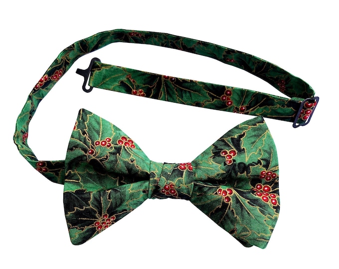 Handmade Pretied Bow Tie - Holiday Green Holly Berry - Adult Mens Sizing - Crafted in the USA