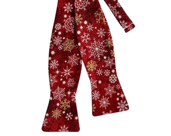 Handmade Self-tie Bow Tie - Red and White with Gold Metallic Accents Holiday Snowflake Design - Mens and Boys Sizing - Crafted in the USA