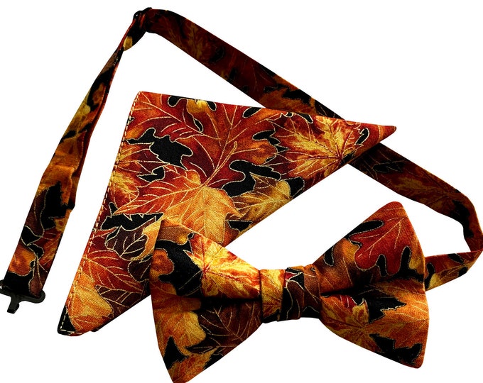 Handmade Pre-tied Bow Tie and Pocket Handkerchief Set - Golden Harvest Autumn Leaves - Adult Men's to Baby Sizing - Crafted in the USA
