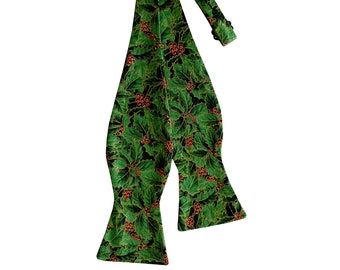 Holiday Self-tie Bow Tie - Green Christmas Holly - Cotton - Adult Men's Sizing - Crafted in the USA