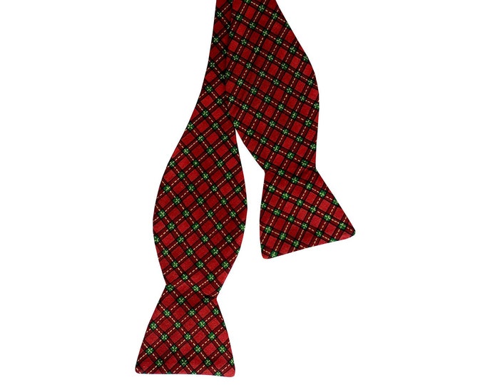 Handmade Self-tie Bow Tie - Red and Green Christmas Plaid with Gold Metallic - Mens and Boys Sizing - Crafted in the USA