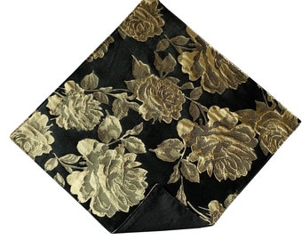 Handkerchief Pocket Square - Black with Gold Roses - Satin Jacquard- Adult Men's and Boys Sizing - Handcrafted in the USA