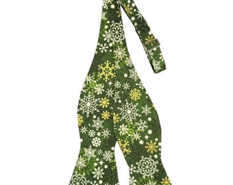 Self-tie Bow Tie - Green & Gold Holiday Snowflake - Adult Mens Sizing - Handcrafted in the USA