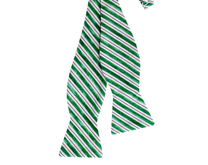 Handmade Self-tie Bow Tie - Green Candy Cane Stripe Holiday Design Premium Cotton Bow Tie - Mens and Boys Sizing - Crafted in the USA