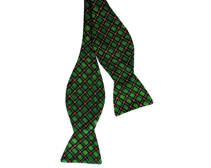 Handmade Self-tie Bow Tie - Green and Red Christmas Plaid with Gold Metallic Accents - Mens and Boys Sizing - Crafted in the USA
