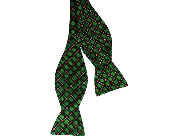 Handmade Self-tie Bow Tie - Green and Red Christmas Plaid with Gold Metallic Accents - Mens and Boys Sizing - Crafted in the USA
