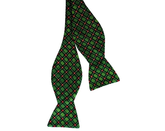 Handmade Self-tie Bow Tie - Green and Red Christmas Plaid with Gold Metallic Accents - Mens and Boys Sizing - Crafted in the USA