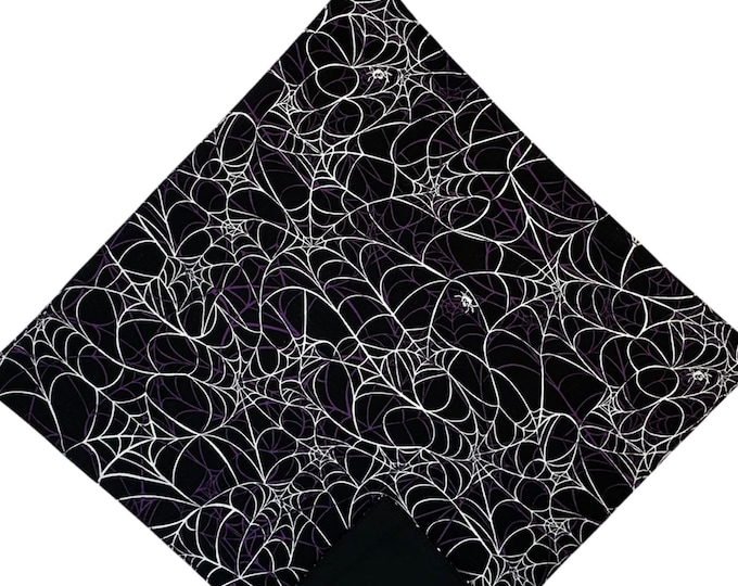 Halloween Handkerchief - Black with Purple and White Spider Webs Pocket Square - Adult Men's Sizing - Handcrafted in the USA