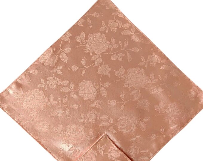 Pocket Square - Peach Rose Satin Jacquard - Wedding Handkerchief - Adult Men's Sizing - Handcrafted in the USA