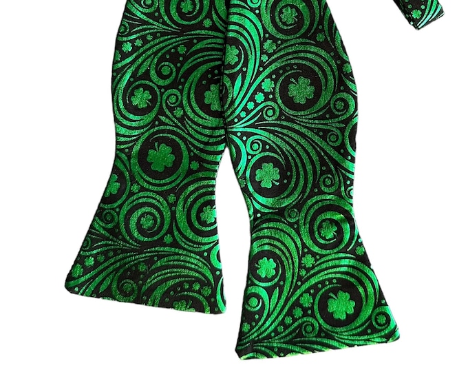 St. Patrick's Day Self-Tie Bow Tie - Green Foil Shamrocks and Swirls on Black - Premium Cotton - Adult Men's Sizing