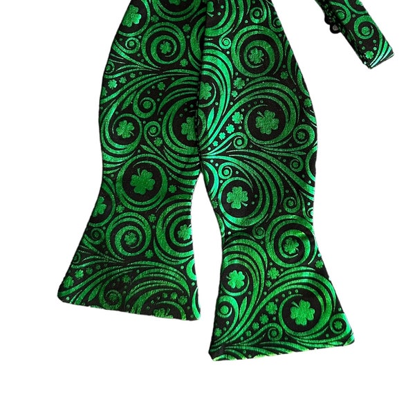 St. Patrick's Day Self-Tie Bow Tie - Green Foil Shamrocks and Swirls on Black - Premium Cotton - Adult Men's Sizing