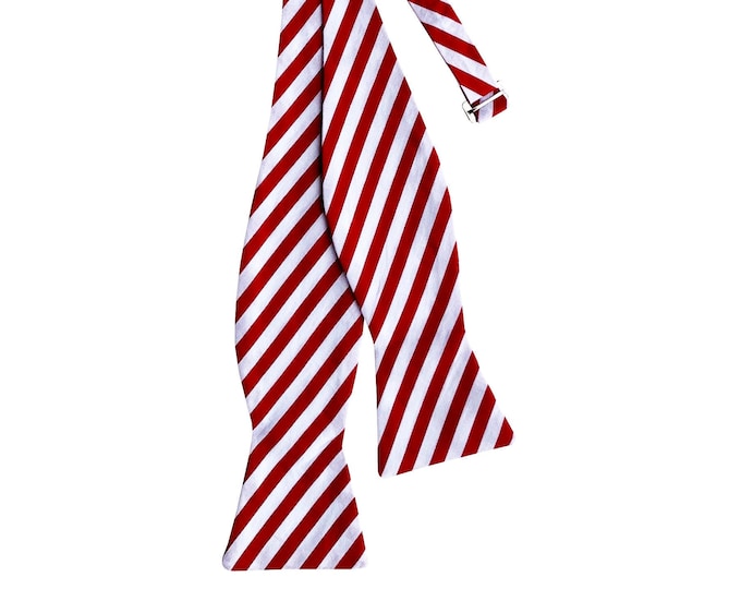 Handmade Self-tie Bow Tie - Red and White Candy Cane Peppermint Striped Holiday Design - Adult Mens and Boys Sizing - Crafted in the USA