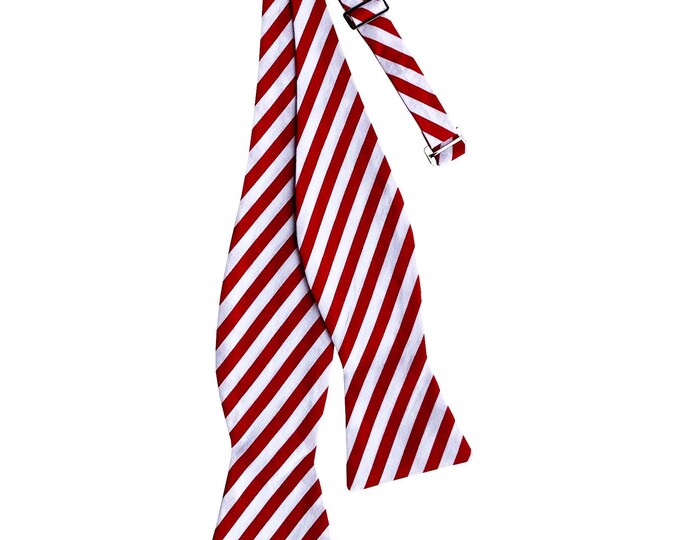 Handmade Self-tie Bow Tie - Red and White Candy Cane Peppermint Striped Holiday Design - Adult Mens Sizing - Crafted in the USA