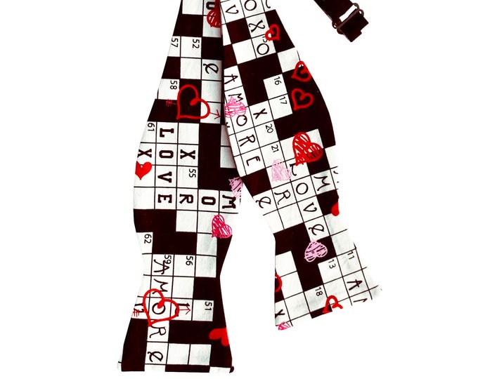 Self-tie Bow Tie - Valentine Sweetheart Crossword Design - Adult Men's - Handcrafted in the USA