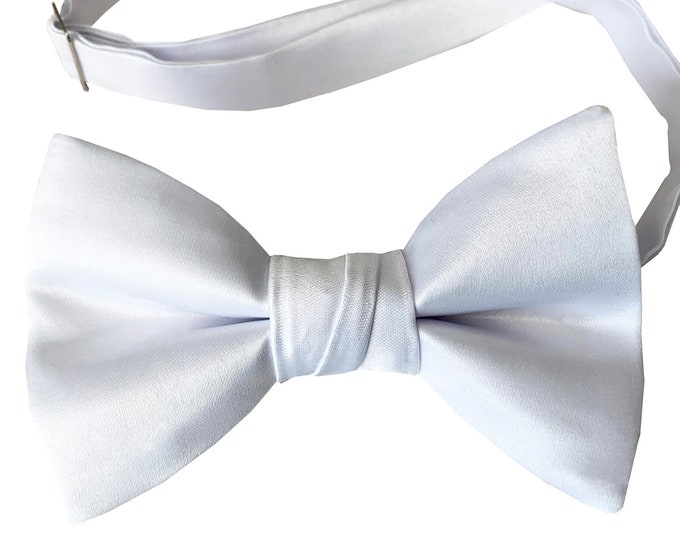 Boy's Bow Tie - White Premium Polyester Satin - Baby to Adult Men's Sizing - Handcrafted in the USA