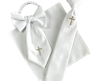 Boys Communion Necktie Clip On, Pocket Square, Armband Set, White Embroidered Cross