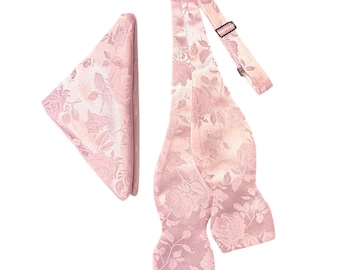 Pink Rose Brocade Bow Tie and Pocket Square Set - Men's Self-tie Satin