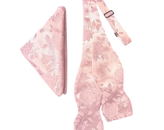 Pink Rose Brocade Bow Tie and Pocket Square Set - Men's Self-tie Satin