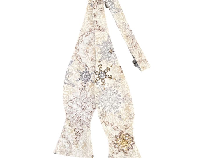 Holiday Self-tie Bow Tie - Ivory Champagne & Silver Snowflakes - Adult Men's Sizing - Handcrafted in the USA