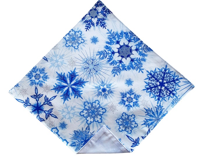 Holiday Handkerchief - White with Blue Snowflakes Design Pocket Square - Adult Men's and Boys Sizing - Handcrafted in the USA