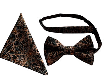 Handmade Pre-tied Bow Tie and Pocket Handkerchief Set - Halloween Spider Webs Orange Metallic - Mens to Baby Sizing - Crafted in the USA