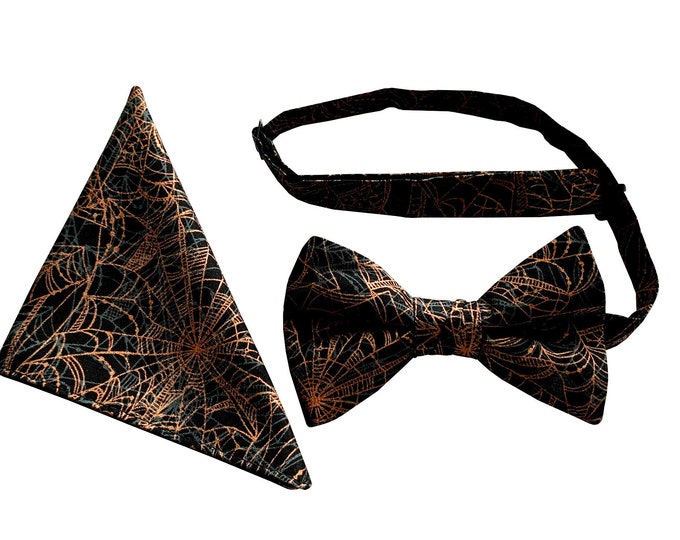 Handmade Pre-tied Bow Tie and Pocket Handkerchief Set - Halloween Spider Webs Orange Metallic - Mens to Baby Sizing - Crafted in the USA