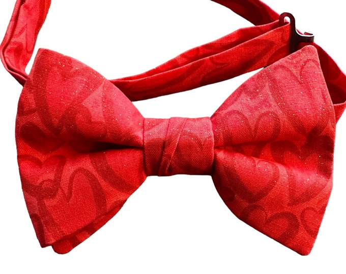 Valentine's Day Pre-tied Bow Tie - Scattered Red Hearts on Red with Touches of Gold - Men's and Boys Sizing - Crafted in the USA