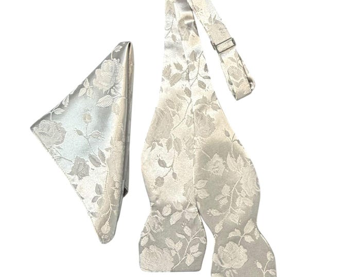 Silver Grey Rose Brocade Bow Tie and Pocket Square Set - Men's Self-tie Satin