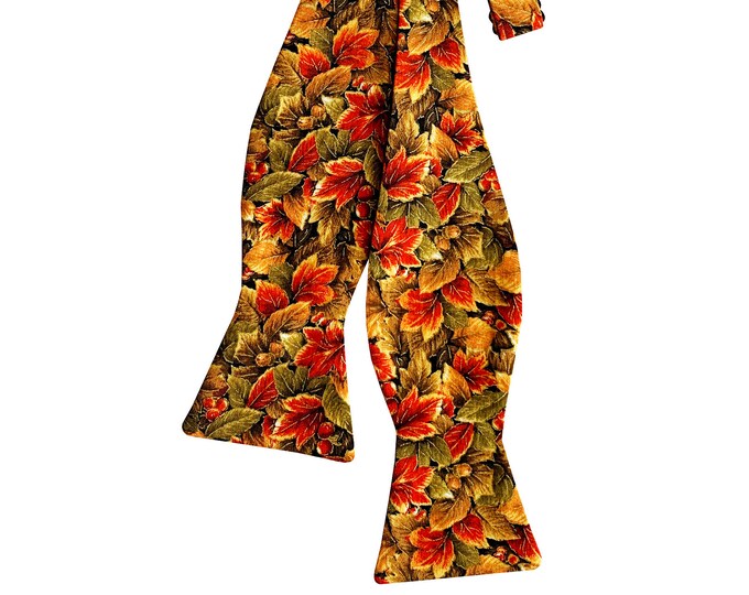 Handmade Self-tie Bow Tie - Golden Orange Harvest Autumn Leaves Design - Cotton Bow Tie - Adult Men's Sizing - Handcrafted in the USA