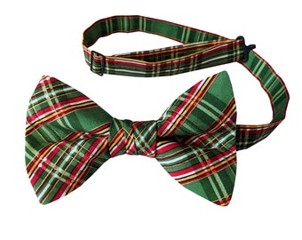 Handmade Pre-tied Bow Tie - Green Christmas Plaid - Cotton - Adult Men's Sizing - Crafted in the USA
