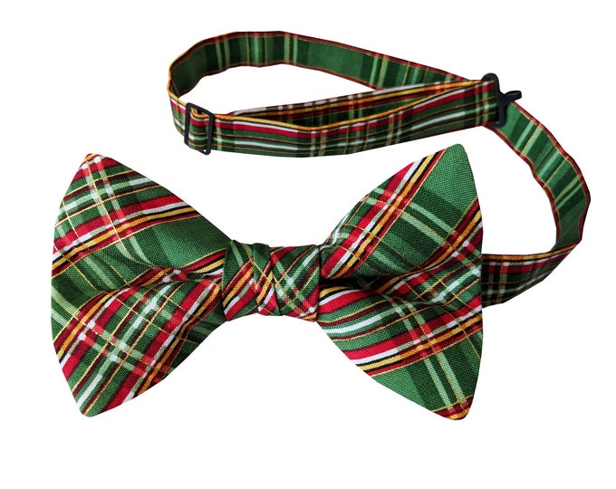 Handmade Pre-tied Bow Tie - Green Christmas Plaid - Cotton - Adult Men's Sizing - Crafted in the USA