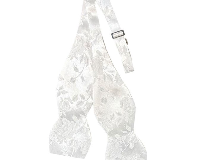White Floral Rose Brocade Bow Tie – Men's Wedding Self-tie, USA Made