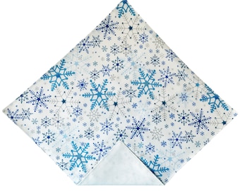 Holiday Pocket Square - White with Blue & Silver Metallic Snowflakes Handkerchief - Adult Men's and Boys Sizing - Handcrafted in the USA