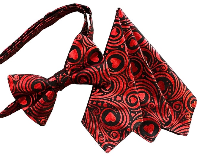 Handmade Pretied Bow Tie and Pocket Square Set - Valentine Sweetheart Red Foil Hearts and Swirls - Adult Men's Sizing - Crafted in the USA