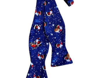 Holiday Self-tie Bow Tie - Blue Santa Claus - Cotton - Adult Mens Sizing - Handcrafted in the USA -