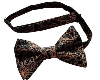 Halloween Spider Web Bow Tie: Black & Orange Metallic, Handmade Cotton