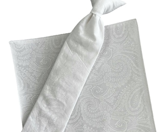 Boys White Paisley Clip-On Necktie & Pocket Square Set - Communion Outfit