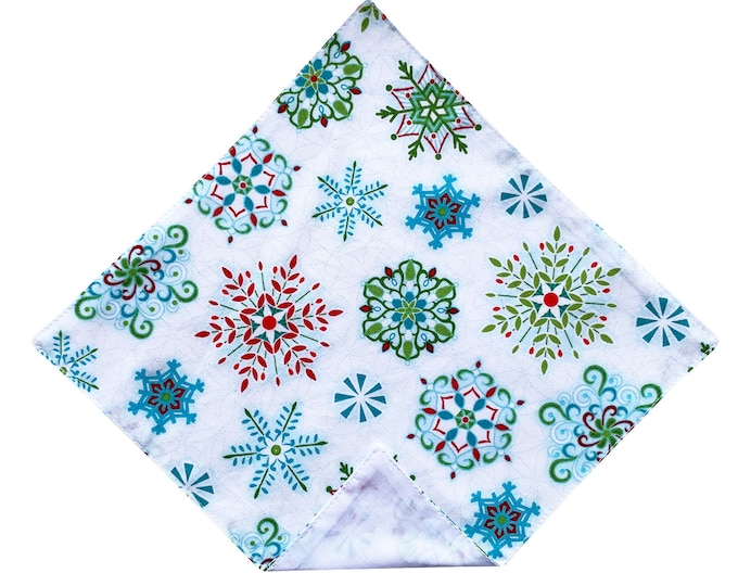 Handmade Pocket Square - White Handkerchief with Blue Green and Red Snowflakes Holiday - Mens and Boys Sizing - Crafted in the USA
