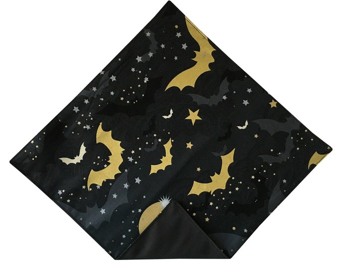 Halloween Handkerchief - Black with Gold Metallic Bats and Stars Pocket Square - Adult Men's and Boys Sizing - Handcrafted in the USA