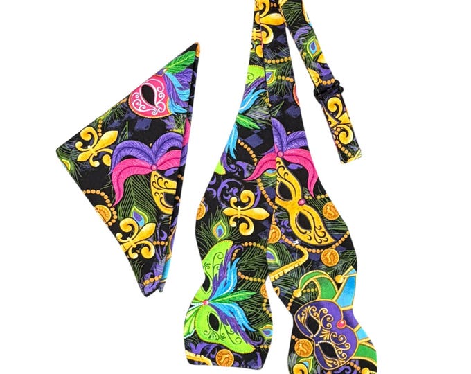 Mardi Gras Self-tie Bow Tie & Pocket Square Set – Handcrafted Cotton