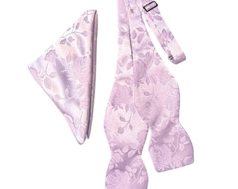 Lavender Rose Brocade Bow Tie and Pocket Square Set - Men's Self-tie Satin