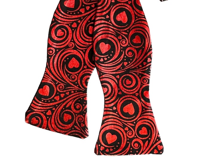 Self-Tie Bow Tie - Valentine Sweetheart Red Foil Hearts and  Swirls Design on Black - Men Sizing - Handcrafted in the USA