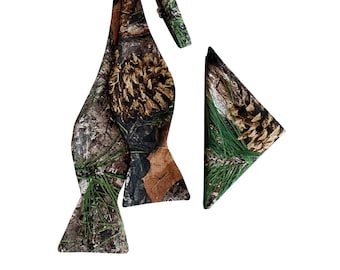 Handmade Self-tie Bow Tie and Pocket Square Set - Timber and Pine Camouflage Design - Adult Men's and Boys Sizing - Crafted in the USA