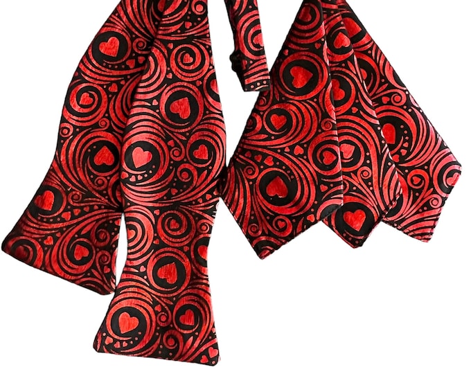 Handmade Self-tie Bow Tie and Pocket Square Set - Valentine Sweetheart Red Foil Hearts and Swirls - Adult Men's Sizing - Crafted in the USA