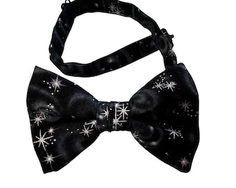 Pretied Adjustable Bow Tie - Black with Silver Metallic Stars - Premium Cotton - Adult Men's Sizing - Handcrafted in the USA