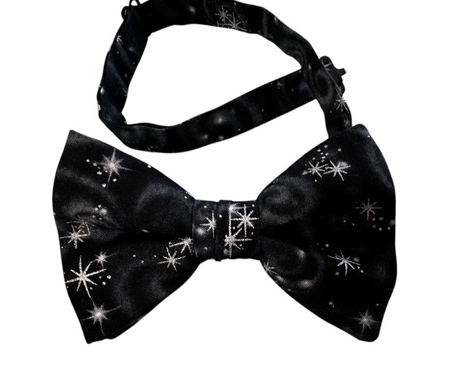 Pretied Adjustable Bow Tie - Black with Silver Metallic Stars - Premium Cotton - Adult Men's Sizing - Handcrafted in the USA