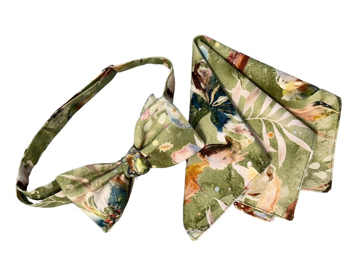 Handmade Pretied Bow Tie and Pocket Square Set - Sage Green Vintage Multi-Colored Floral Medley - Adult Men's Sizing - Crafted in the USA