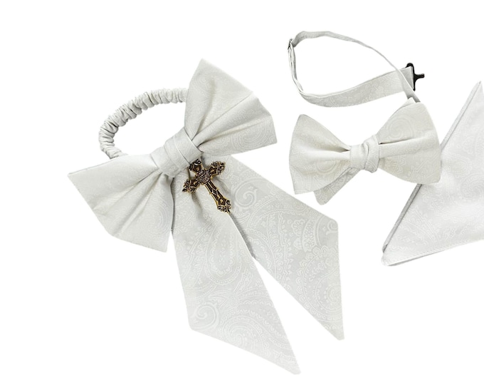 Boys Bow Tie, Pocket Square and Armband Set - White Paisley Cotton Religious Cross - First Holy Communion - Boys Sizing - Crafted in the USA