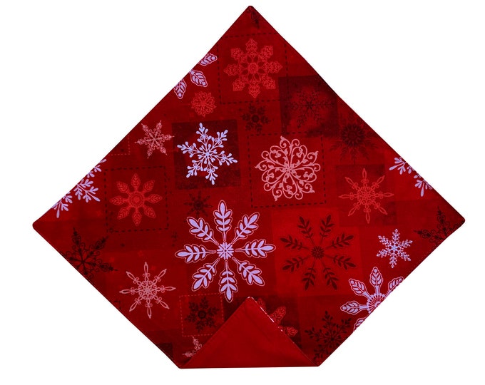 Handmade Pocket Square - Red and White Snowflake Patchwork Holiday Handkerchief - Adult Mens and Boys Sizing - Crafted in the USA